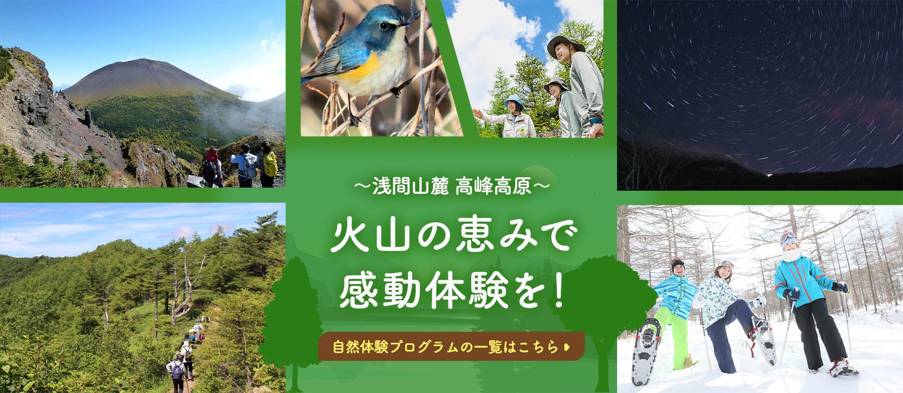 豊かな自然の溢れる浅間山麓 自然と触れ合い、遊び、体験しよう! 自然体験プログラムの一覧はこちら